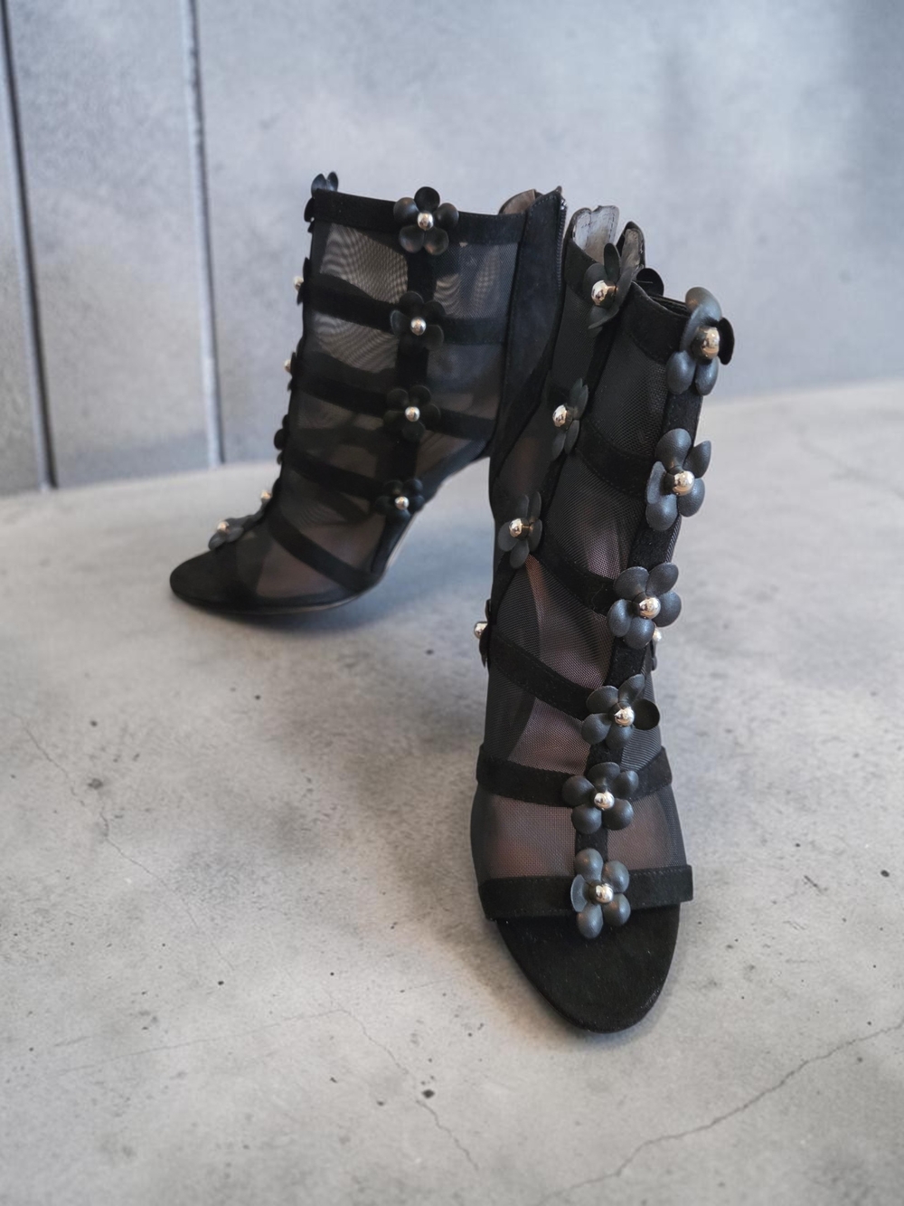 Avec Les Filles Black Floral Mesh Strappy Heels